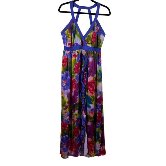 Bebe Floral Maxi Dress Silk Retro Purple SIze Medium - Picture 1 of 11